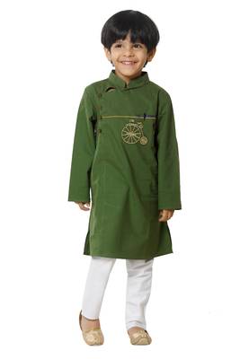 Green Cotton Embroidered Kurta Pyjama Set for boys 1