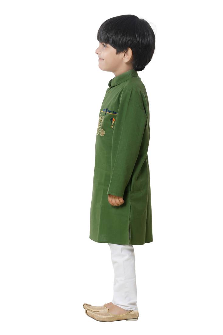 Green Cotton Embroidered Kurta Pyjama Set for boys