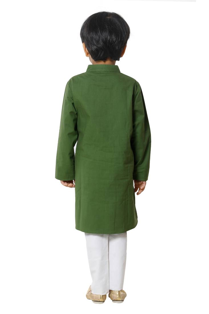 Green Cotton Embroidered Kurta Pyjama Set for boys