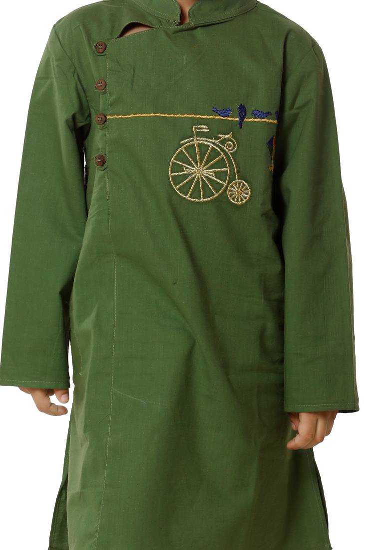 Green Cotton Embroidered Kurta Pyjama Set for boys