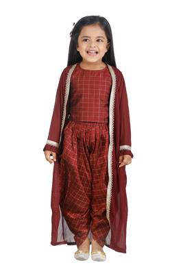 Check Brown Top Dhoti With Jacket set for girls 1