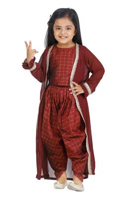 Check Brown Top Dhoti With Jacket set for girls 2