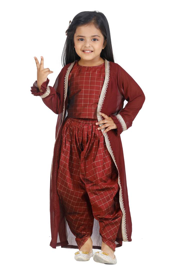 Check Brown Top Dhoti With Jacket set for girls
