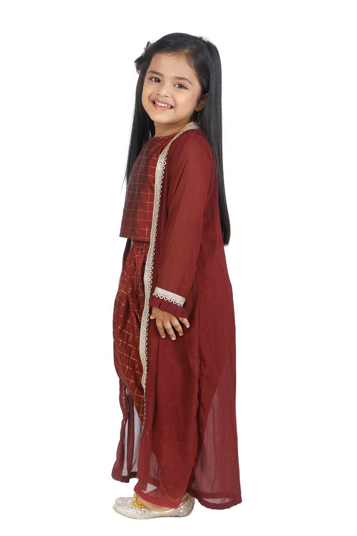 Check Brown Top Dhoti With Jacket set for girls