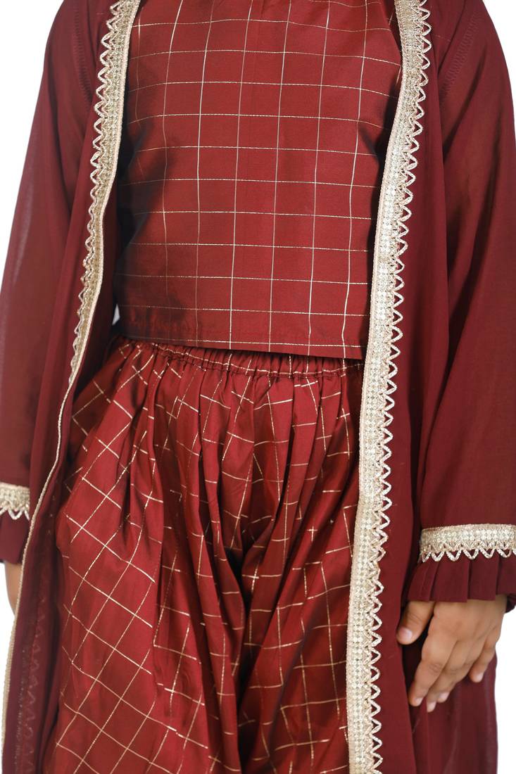 Check Brown Top Dhoti With Jacket set for girls
