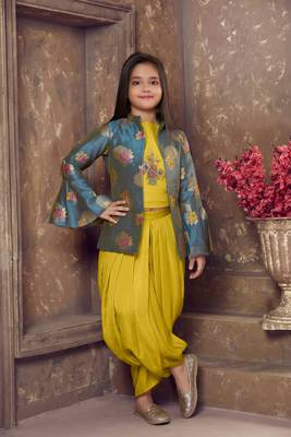 mustard embroidered Satin stitched kids salwar suits 1