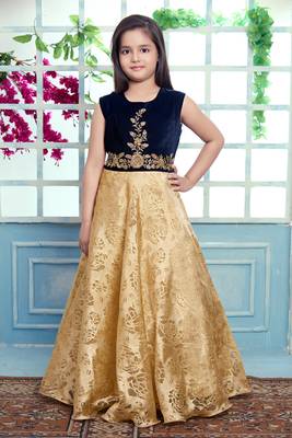 blue embroidered velvet stitched girls gown 1