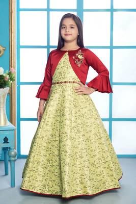 green embroidered polyester stitched girls gown 1