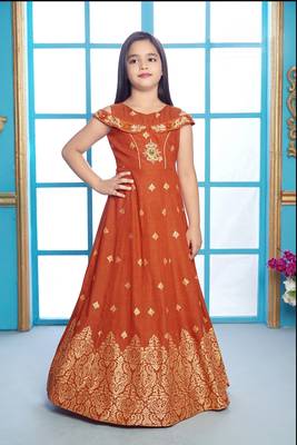 orange embroidered polyester stitched girls gown 1