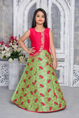 green woven polyester stitched girls gown 1