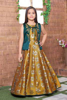 yellow embroidered polyester stitched girls gown 1