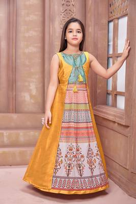 gold printed polyester stitched girls gown 2