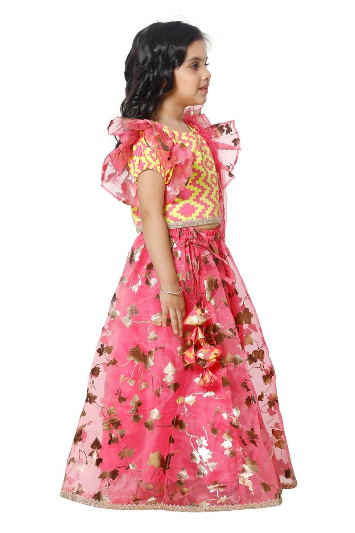Bright Ruffle Choli with Hot Pink Lehenga Set for Girls