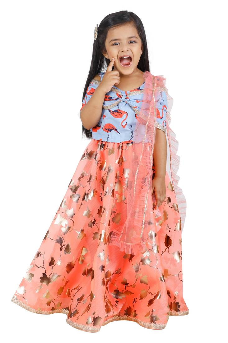 Flammigo Bow choli with Safforn Lehenga Set for Girls