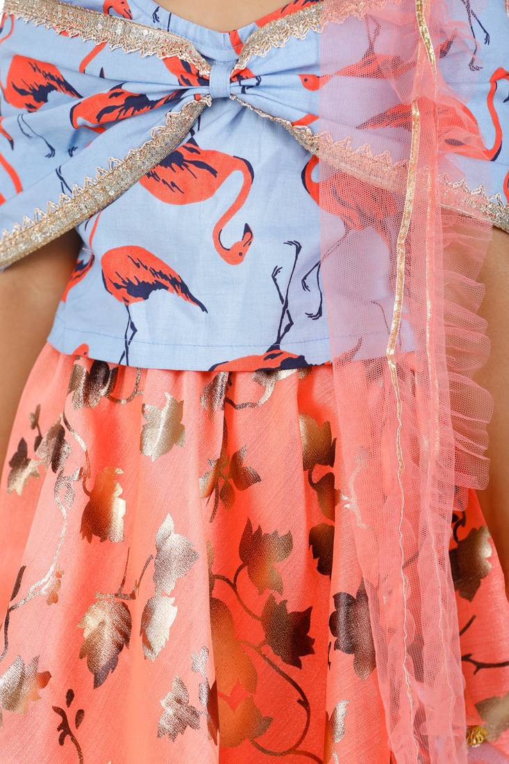 Flammigo Bow choli with Safforn Lehenga Set for Girls