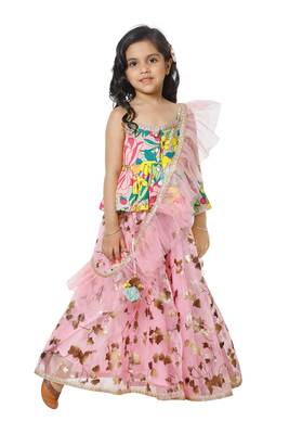 Multicolour Peplum choli with Pink Lehenga Set for Girls 2