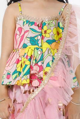 Multicolour Peplum choli with Pink Lehenga Set for Girls 5