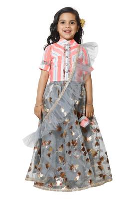 Neon Stripe Choli with Grey Lehenga Set for Girls 1