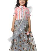 Neon Stripe Choli with Grey Lehenga Set for Girls