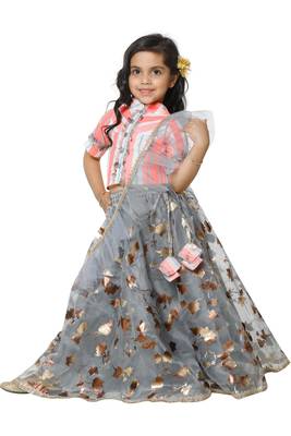 Neon Stripe Choli with Grey Lehenga Set for Girls 2