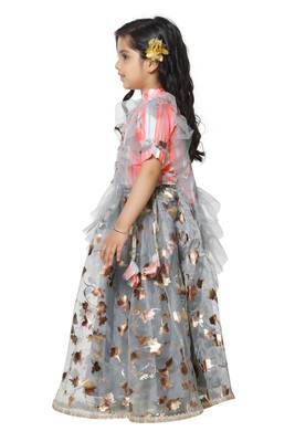 Neon Stripe Choli with Grey Lehenga Set for Girls 3