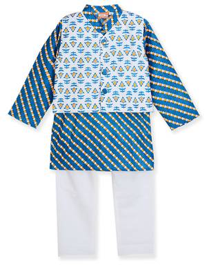 Blue Printed Kurta Pajama With Jacket 1