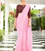 Baby Pink Woven Linen Saree With Blouse