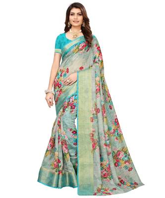 grey printed Linen saree with blouse 1