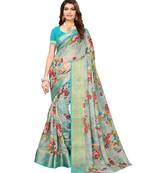 grey printed Linen saree with blouse