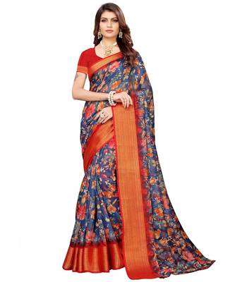 Blue printed Linen saree with blouse 1