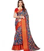 Blue printed Linen saree with blouse