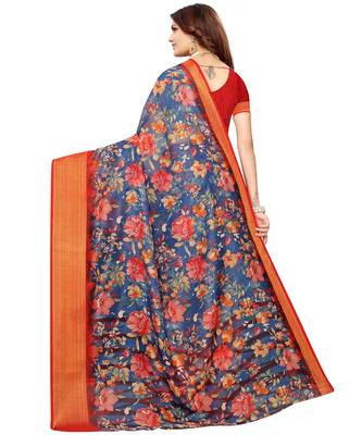 Blue printed Linen saree with blouse 2