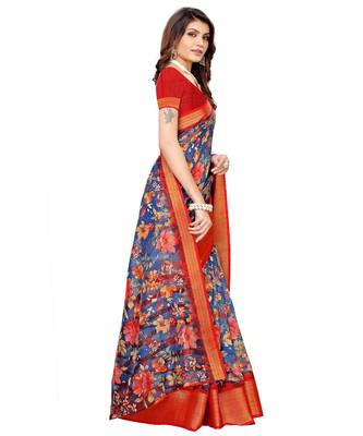 Blue printed Linen saree with blouse 3