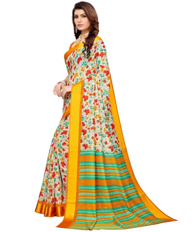 Women's Linen Cream Printed Designer Saree With Blouse Piece