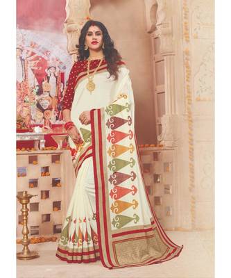 Cream woven silk blend saree with blouse 1