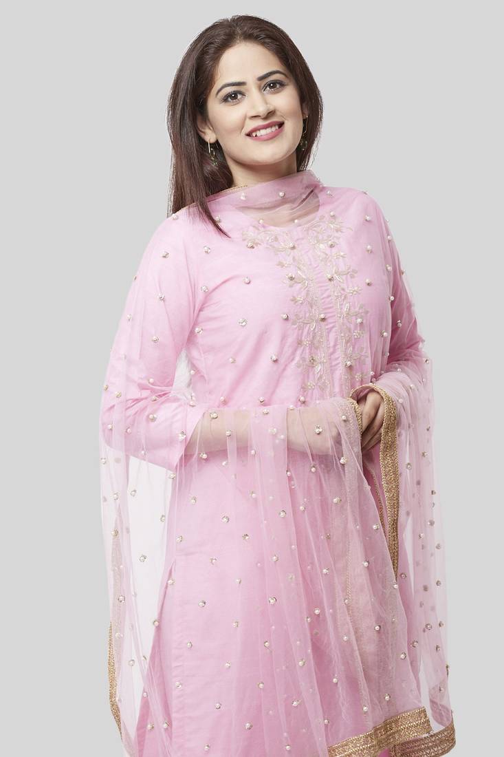 Pearl Blush Embroidered Kurti with Straight Pant and Pearl Sequenced Net Dupatta