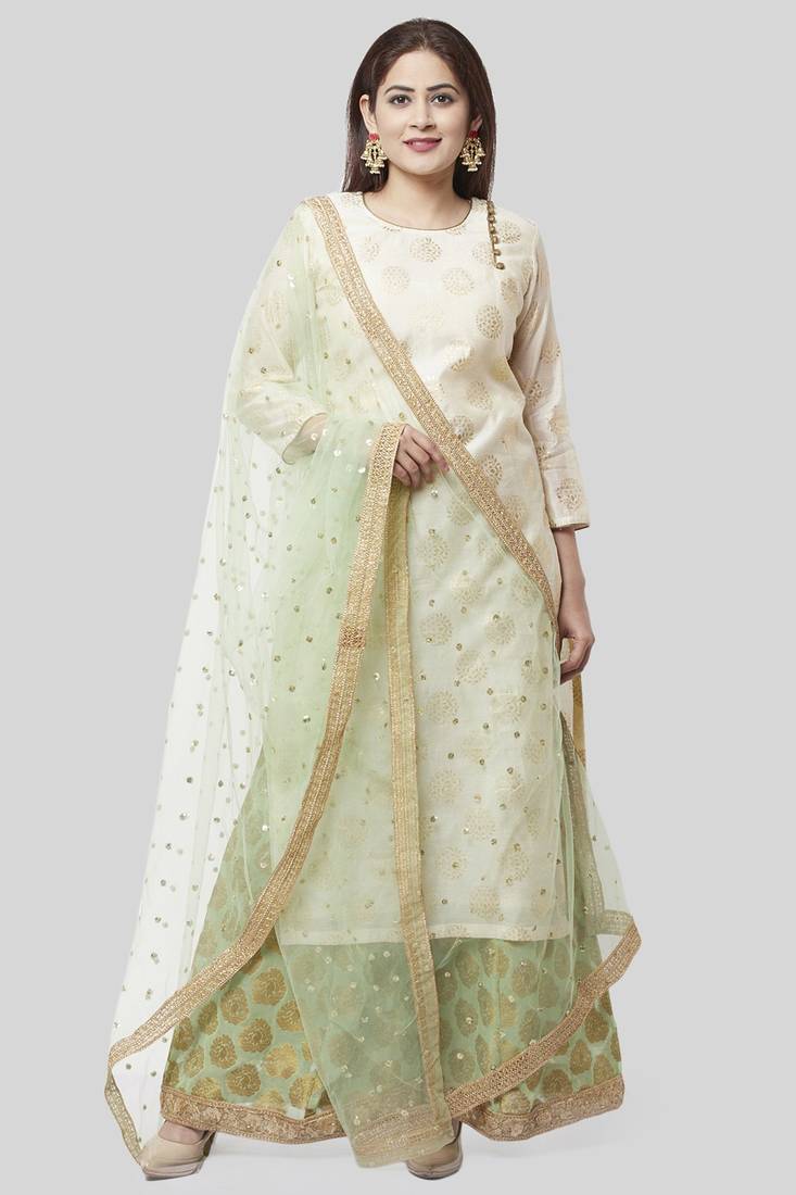 Ivory Pistachio Kurti with Kalidaar Palazzo and Net Dupatta