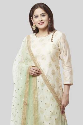 Ivory Pistachio Kurti with Kalidaar Palazzo and Net Dupatta 3