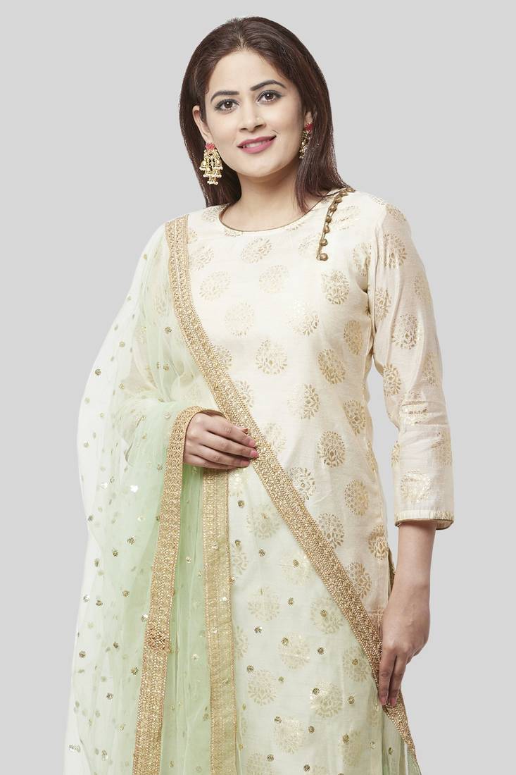 Ivory Pistachio Kurti with Kalidaar Palazzo and Net Dupatta