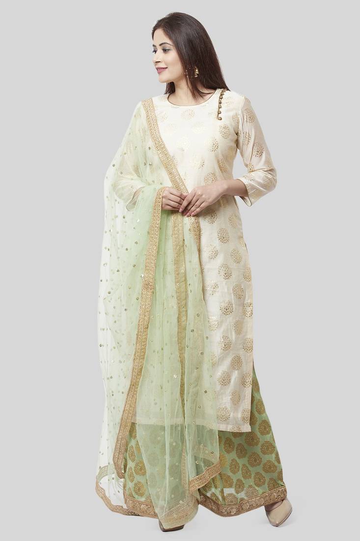 Ivory Pistachio Kurti with Kalidaar Palazzo and Net Dupatta