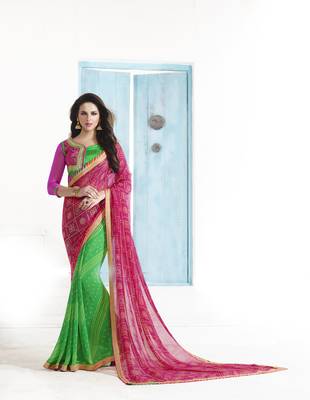 pink printed georgette saree with blouse 1