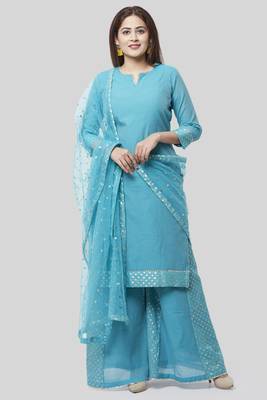 Noor Blue Straight Kurti with Golden Weaved Kalidar Palazzo and Sequenced Dupatta 1