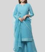 Noor Blue Straight Kurti with Golden Weaved Kalidar Palazzo and Sequenced Dupatta