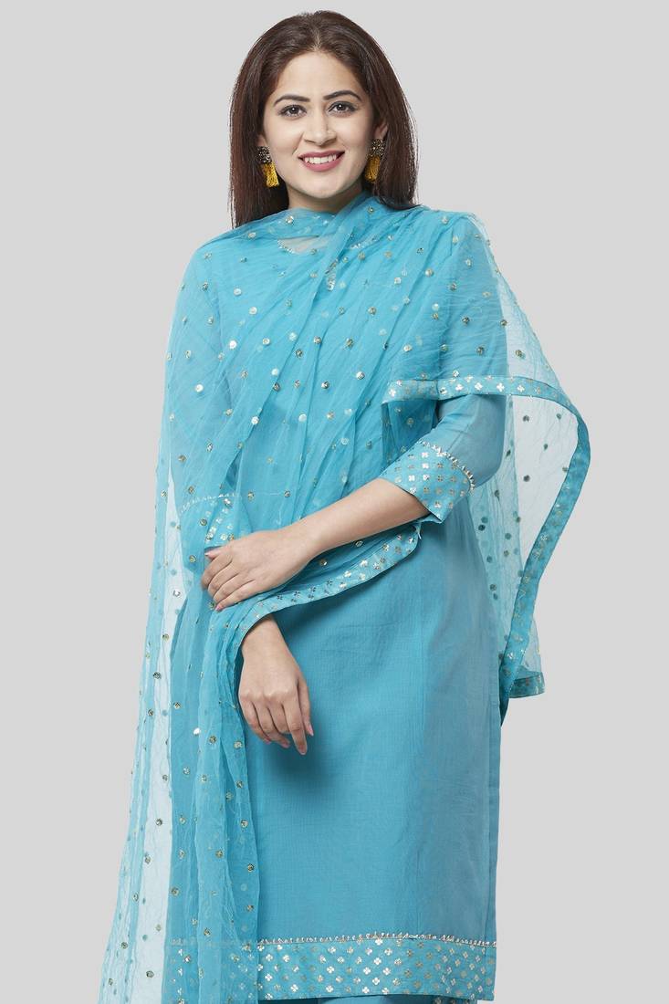 Noor Blue Straight Kurti with Golden Weaved Kalidar Palazzo and Sequenced Dupatta