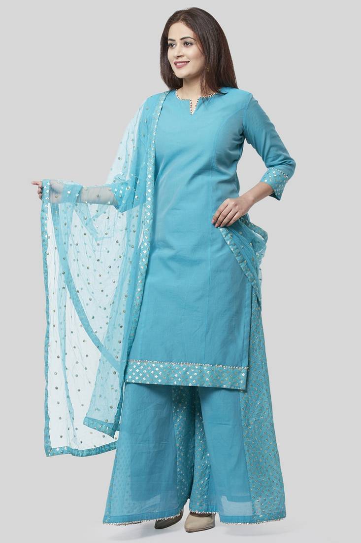 Noor Blue Straight Kurti with Golden Weaved Kalidar Palazzo and Sequenced Dupatta