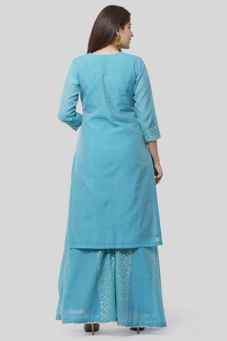 Noor Blue Straight Kurti with Golden Weaved Kalidar Palazzo and Sequenced Dupatta