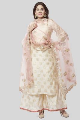 Off-White Gold Foil Printed Kurti with Foil Printed Kalidaar Palazzo and Floral Gotta Patti Dupatta 1