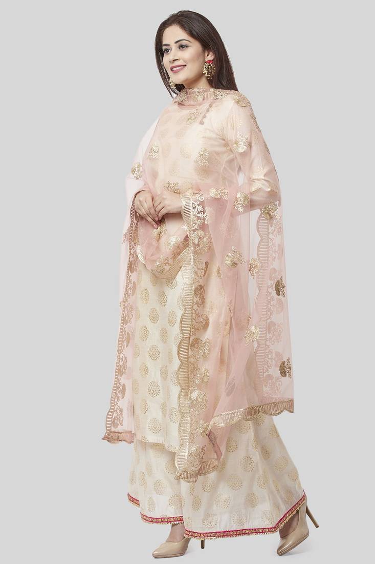 Off-White Gold Foil Printed Kurti with Foil Printed Kalidaar Palazzo and Floral Gotta Patti Dupatta