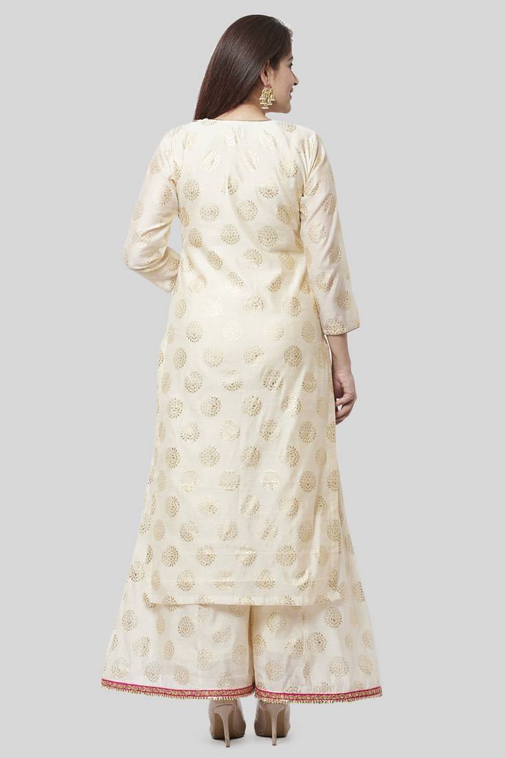 Off-White Gold Foil Printed Kurti with Foil Printed Kalidaar Palazzo and Floral Gotta Patti Dupatta
