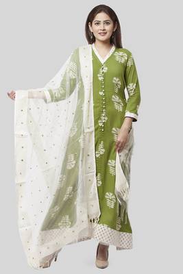 Pale Green Festive Kurti with Off-White Churidaar and Sequenced Organza Dupatta 1